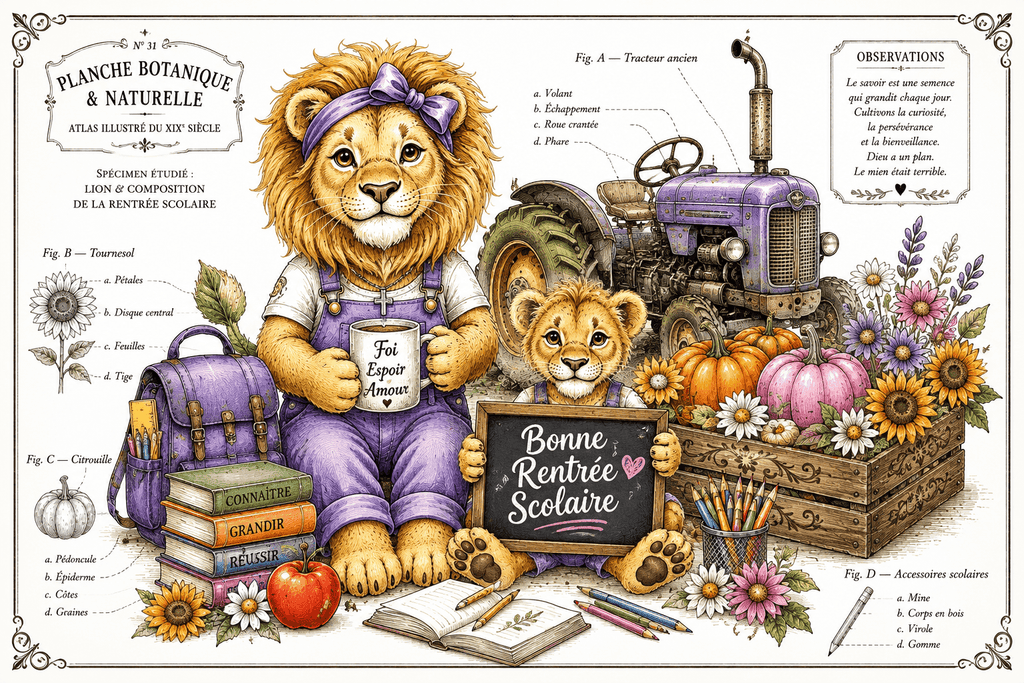 Lion Vintage Rentrée Scolaire PNG – Sublimation, DTF & Impression